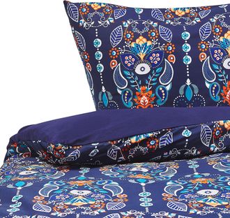 Beliani Conjunto De Fundas Y Almohada Algod&oacute;n Azul Oscuro 155 X 220 Cm Estampado Floral Juego De Edred&oacute;n De Lino Dormitorio Moderno Madrona