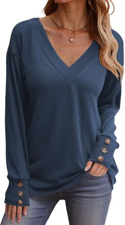 Dokotoo Womens Blouses Shirts Casual Womens Pullover Tops Long Sleeve T-Shirts for Women Lightweight V Neck Solid Tunic Top Loose Fit Tshirts Ladies Blouse Bl