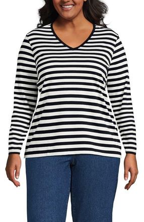Lands End Supima Cotton Long Sleeve V-Neck T-Shirt in Black Even Stripe at Nordstrom, Size 1X