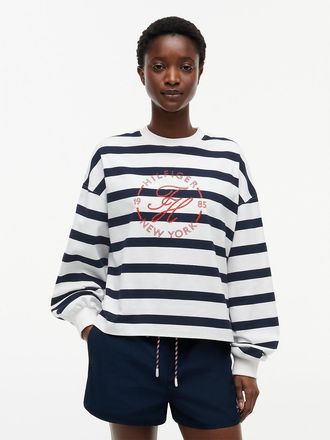 Tommy Hilfiger Womens Long-Sleeve Nautical Monogram T-Shirt - Ecru / Navy Blue Stripe - XS