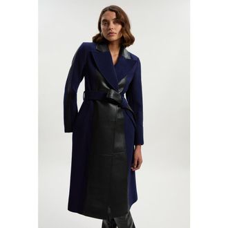 Karen Millen Wool Pu Mix Belted Midi Coat in Navy at Nordstrom, Size 10