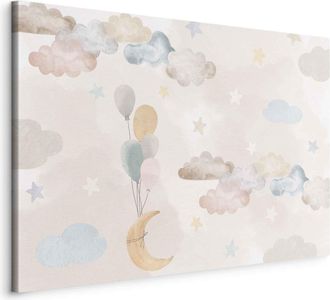 OEM Imagen - Luna De Cuento De Hadas - Luna En Tonos Pastel Con Globos Entre Nubes Coloridas Y Estrellas En Colores Suaves Sobre Un Fondo Claro/cielo De C