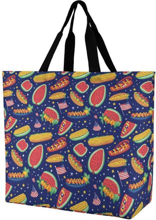 Generic Hot Dogs Watermelon Corn U.S. Flag Large Reusable Shopping Bag Lightweight Foldable Tote Bags Washable Shoulder Handbag