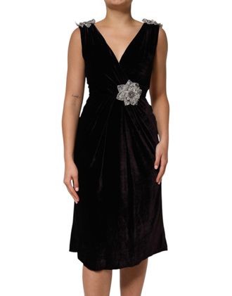 Dolce & Gabbana Black Velvet Flower Embellishment Aline Womens Dress
