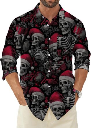 Generic Mens Long Sleeve Button Down Shirts - Spooky Christmas Skull | Lapel Hawaiian Shirts Fashion Holiday Scary Christmas-10 XXL