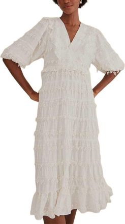 Farm Rio Ruffles Trim Off-White Midi Dress