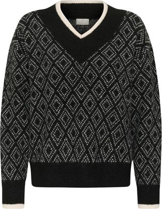 Kaffe Lizza Argyle - Dames - V-hals truien - Zwart - XS - Truien & Vesten