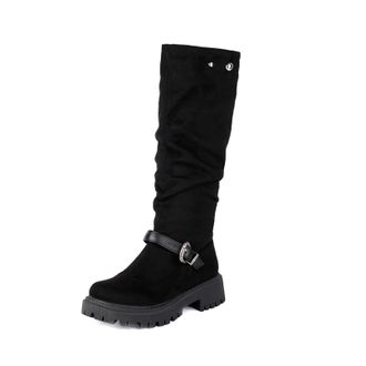 Generic Womens Faux Suede Knee High Boots Block Heel Platform Boots with Buckle Pull on Casual Boot,Black1,6.5 UK