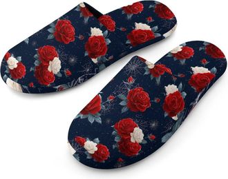 Generic Halloween Roses Spiderwebs Mens Slippers Warm Non-Slip Houes Shose Spa Slipper for Home Bedroom
