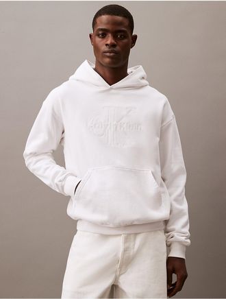 Calvin Klein Mens Tonal Embroidered Logo Fleece Hoodie - White - XS