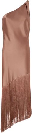 Pinko Kiwi Satijnen Jurk met Franjes - Dames - Feestkleedjes - Bruin - L - Satijn - Kleedjes