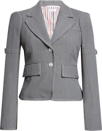 Thom Browne Crop Sculpted Shoulder Wool Seersucker Jacket in Light Grey at Nordstrom, Size 8 Us