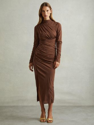Reiss Womens Dark Brown Ruched Jersey Midi Dress, Size: 6