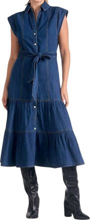 Elan Cap Sleeve Denim Midi Dress In Blue