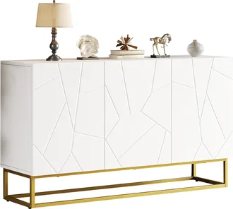 STILVORA Aparador Con 3 Puertas Y Estantes Ajustables, Frentes De Alto Brillo, Para Sal&oacute;n En Tablero De Part&iacute;culas 130&times;38&times;76 Cm Blanco Y Oro