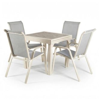 ED&Egrave;N JARD&Iacute; Conjunto de jard&iacute;n mesa extensible blanco roto Y 4 sillones apilables