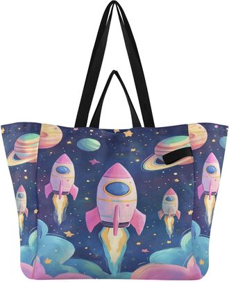 Generic Pink Planet Stars print Reusable Canvas Tote Bag, Heavy Duty Grocery Shopping Bag with Hard Bottom Double Handles Large Capacity Work Groceries Travel