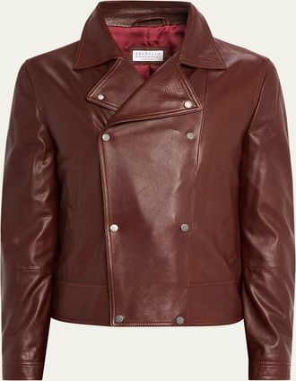 Brunello Cucinelli Mens Double-Breasted Grained Leather Jacket