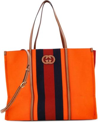 Gucci Borsa tote GG grande in tela con decorazione Web - Marrone