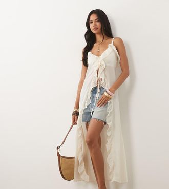 the frolic Esclusiva The Frolic - Vestito lungo in chiffon color crema con volant e allacciatura sul davanti-Marrone