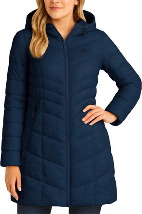 Reebok Womens Puffer Jacket - Long Quilted Hooded Winter Coat for Women - Lightweight Packable Outerwear Jackets for Women, Navy, L