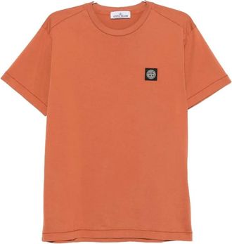 Stone Island Tops, Heren, Oranje, L, Katoen, Patch Logo T-Shirt