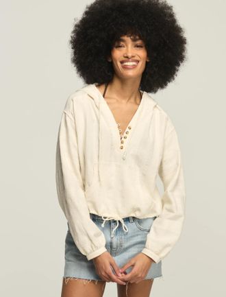 Lucky Brand Womens Cinched Waist Novelty Henley Hoodie