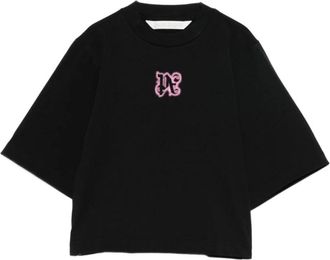 Palm Angels Tops, Dames, Zwart, S, Katoen, Logo Print Boxy T-shirt met ronde hals