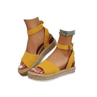 Generic Womens Platform Espadrilles Summer Open Toe Buckle Ankle Strap Beach Sandal Casual Comfortable Faux Leather Dressy Elegant Flats Sandals with Arch Sup