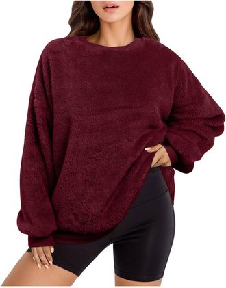 Generic Sweatshirts for Women Casual Womens Fleece Jumpers Winter Warm Long Sleeve Pullover Crew Neck Tunic Top Relaxed Fit Fuzzy Fluffy Sweatshirt Solid Colo