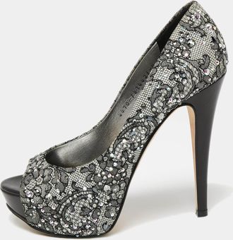Gina Grey/black Lace Crystal Embellished Open Peep Platform Pumps