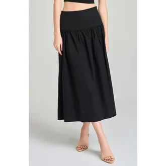 Wayf Mia Stretch Cotton Midi Skirt in Black at Nordstrom, Size X-Large