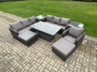 Fimous 9 Seater PE Rattan Outdoor Garden Furniture Sets Height Adjustable Rising lifting Dining Table Sofa Set with 2 Side Tables Reclining Chair