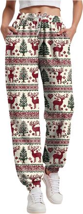 Generic Women Christmas Sweatpants UK High Waist Baggy Trousers Funny Snowman Print Holiday Sweatpants Oversized Xmas Drawstring Jogger Holiday Long Pants Lad