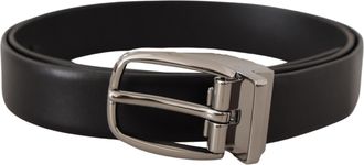 Dolce & Gabbana Black Leather Silver Metal Chrome Logo Buckle Mens Belt