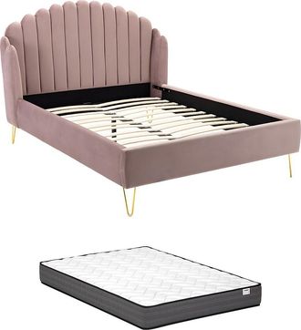 Vente-Unique Cama 140 x 190 cm con cabecero ondulado - Terciopelo - Rojo viejo + colch&oacute;n - SAGALI