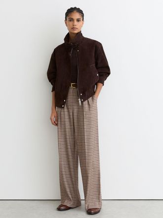 Reiss Neutral Check Wide-leg Pleated Trousers, 14R