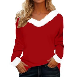 Generic Fluffy Christmas Jumpers for Women Fuzzy Faux Fur Trim Long Sleeve V Neck T Shirt Plush Collar Sweatshirt Xmas Pullover Tops, A01-Red, XXL