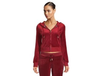 Juicy Couture Solid Classic Juicy Hoodie With Back Bling Womens Sweater Red Dahlia : SM (US 2-4), Polyester/Spandex