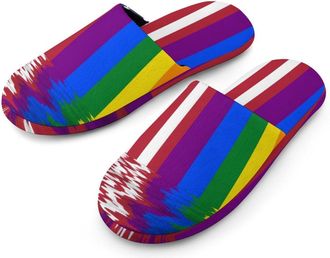 Generic Rainbow U.S. LGBTQ Flag Flannel Mens Slip-on Slippers Winter Warm House Shoes with Rubber Sole for Home Hotel