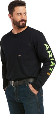 Ariat Mens Rebar Workman Logo T-Shirt Long Sleeve in Black Lime Cotton, Size X-Small, by Ariat