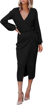 Generic V Neck Sweater Dress for Women: Elegant Knit Midi Dresses Solid Color High Waist Midi Dresses A-Line Wrap Sweater Dresses Trendy Tunic Dresses Tempera