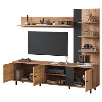 STILVORA Mueble Tv Con 3 Puertas Y Estantes Abiertos Para Sal&oacute;n, En Tablero De Part&iacute;culas, Negro Y Madera, 187.5&times;40&times;167 Cm