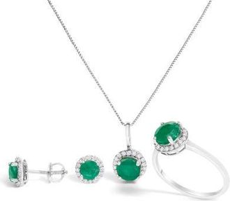 House of Brilliance 10K Gold Gemstone and 3/8 Cttw Diamond Halo Jewelry Set in White | Green Emerald at Nordstrom
