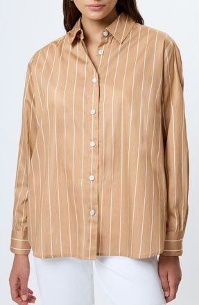French Connection Alexis Stripe Cotton Poplin Button-Up Shirt in Macchiato at Nordstrom, Size X-Small