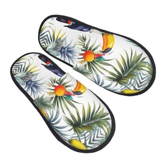 Generic Fuzzy Slippers Tropical Leaves Bird Printing Home Slippers Warm Plush Slides For Indoor Party Winter M