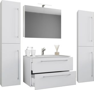 ebuy24 Ebuy24 - Vcm 5pcs Lavabo Lavabo Gabinete Inferior Ancho 80 Cm Muebles De Ba&ntilde;o Conjunto Con Cajones Puertas Giratorias Armario De Espejo Badinos (blanc