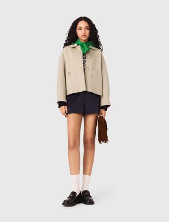 Maje Short Pleated-back Wool Jacket - Beige - Maje