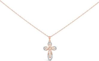 House of Brilliance 10K Rose Gold Plated Sterling Silver 1/6 Cttw Diamond Double Loop Cross Pendant Necklace in Rose Gold Over Silver at Nordstrom