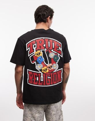 True Religion T-shirt nero corvino con logo fiorito